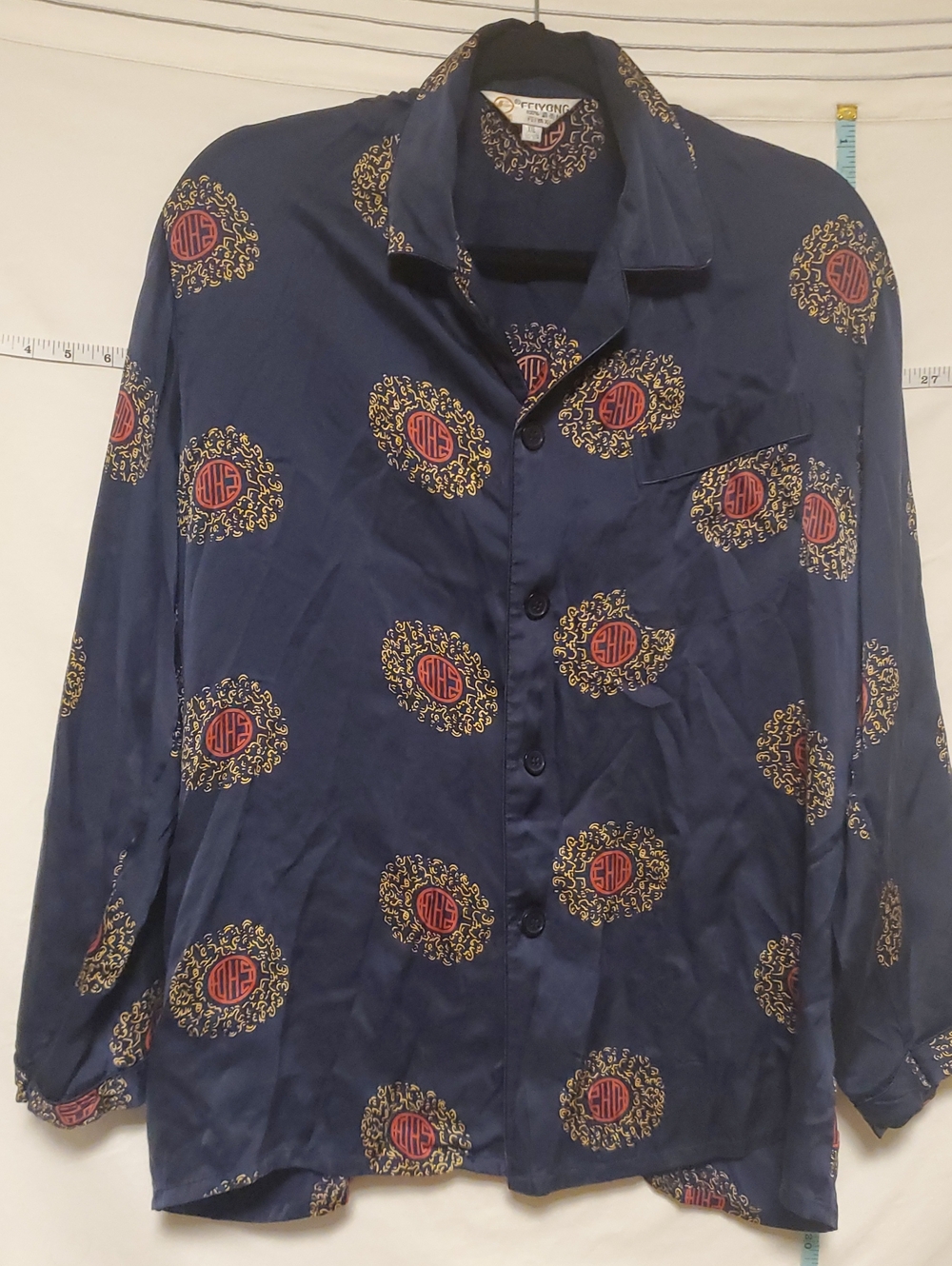 FeiYong Silk Blue Gold Pajamas Long Sleeve Button Top Long Pants XXL Luxury Soft